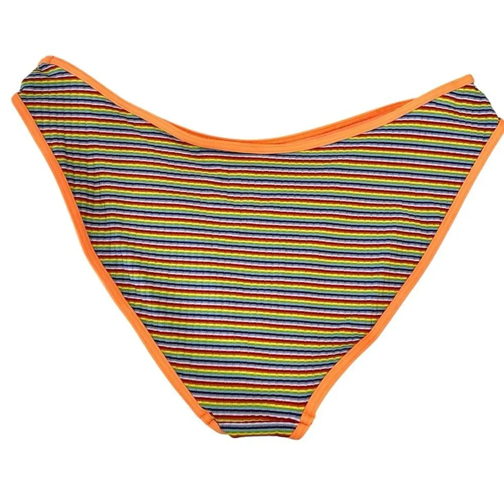 Frankies Bikinis Catalina Rib Stripe Bikini Bottom Rainbow Orange Retro XL NEW